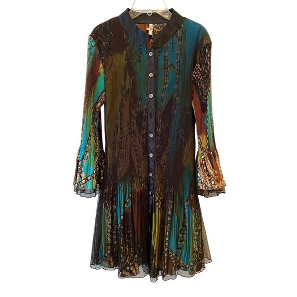 Pleated Button-Up Tunic Dress Abstract Multicolor Flared Sleeves Small/Medium - Picture 1 of 8